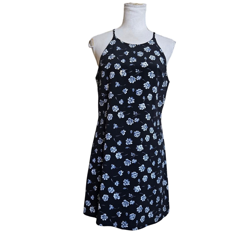 Vtg y2k Small Floral Halter Dress Black Sleeveless Casual Thigh Length Sun Dress